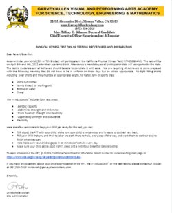 We have our Physical Fitness Test this week on the 5th and 6th (7th for make-up only).  You should have received 2 notices by now.  All 5th and 7th-grade Achievers are expected to arrive at school in workout wear. No biker shorts, sports bras outfits, or revealing wear is permitted.  Please make sure your child is also equipped with a water bottle. Please make sure they have workout shoes as well.   We look forward to having a great turnout for this State required testing! If you have any questions please call the office at 951-384-2015!